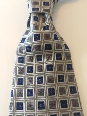 City of London Men's 100% Silk Neck Tie Royal Blue Silver & Red Squares 57" x 4"
